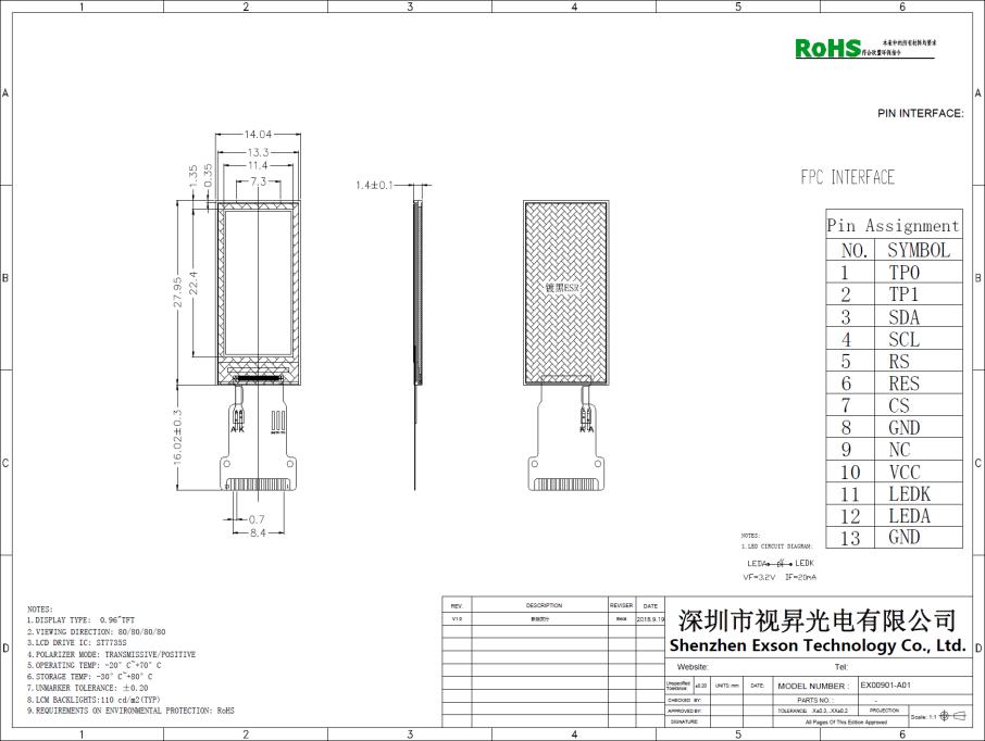 0.96 Inch 80x160 13PIN SPI4 IPS 110nits