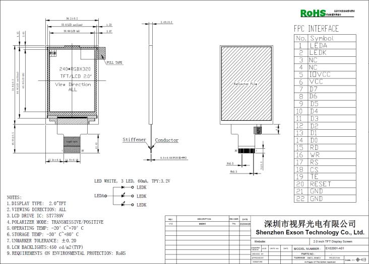 2.0 Inch 240X320 QVGA 22PIN MCU IPS 450nits