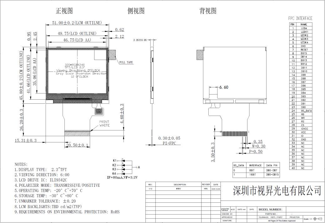 2.3 Inch 320x240 QVGA 40PIN MUC TN 300nits