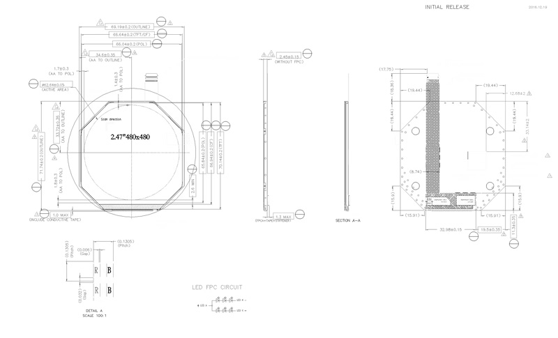 2.47 Inch 480x480 Round 35PIN MIPI 400nits