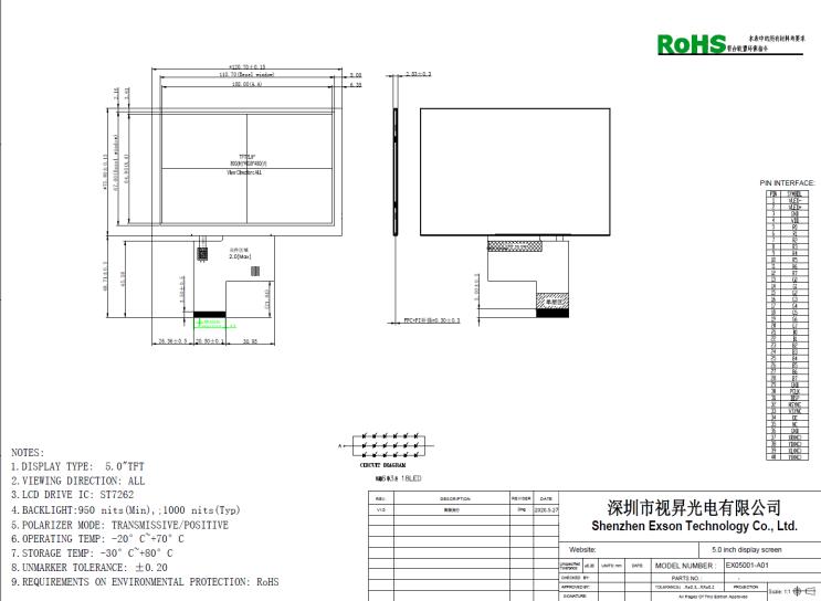 5.0 Inch 800x480 WVGA 40PIN TTL IPS 1000nits